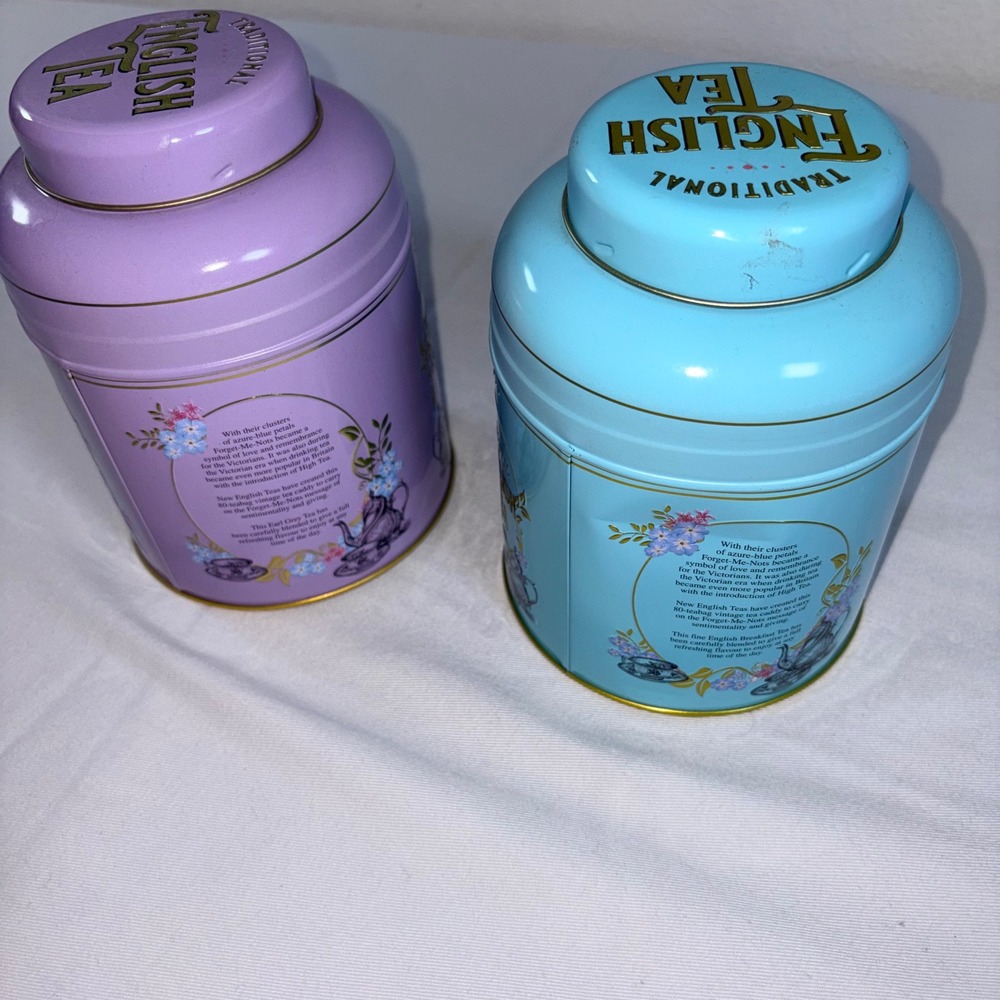 New English Teas Tea Caddy Set 5.5in Purple Blue Good Floral Victorian Tins